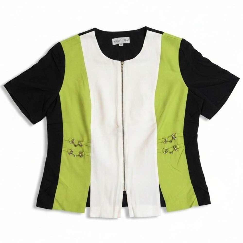 Betsy's Things Vintage 90s Colorblock Horsebit Zip Front Top Lime Green Black 16